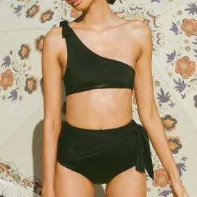Plain One Shoulder Strappy High Rise Triangle Bikinis