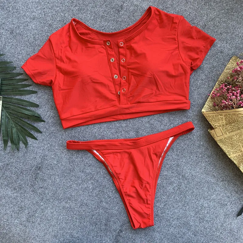 Plain Short Sleeve Button Thong Bottom Bikinis