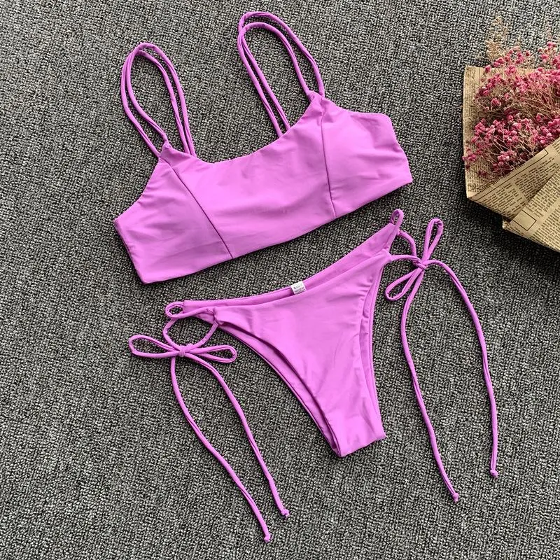 Plain Strappy Mid Rise Thong Bottom Bikinis