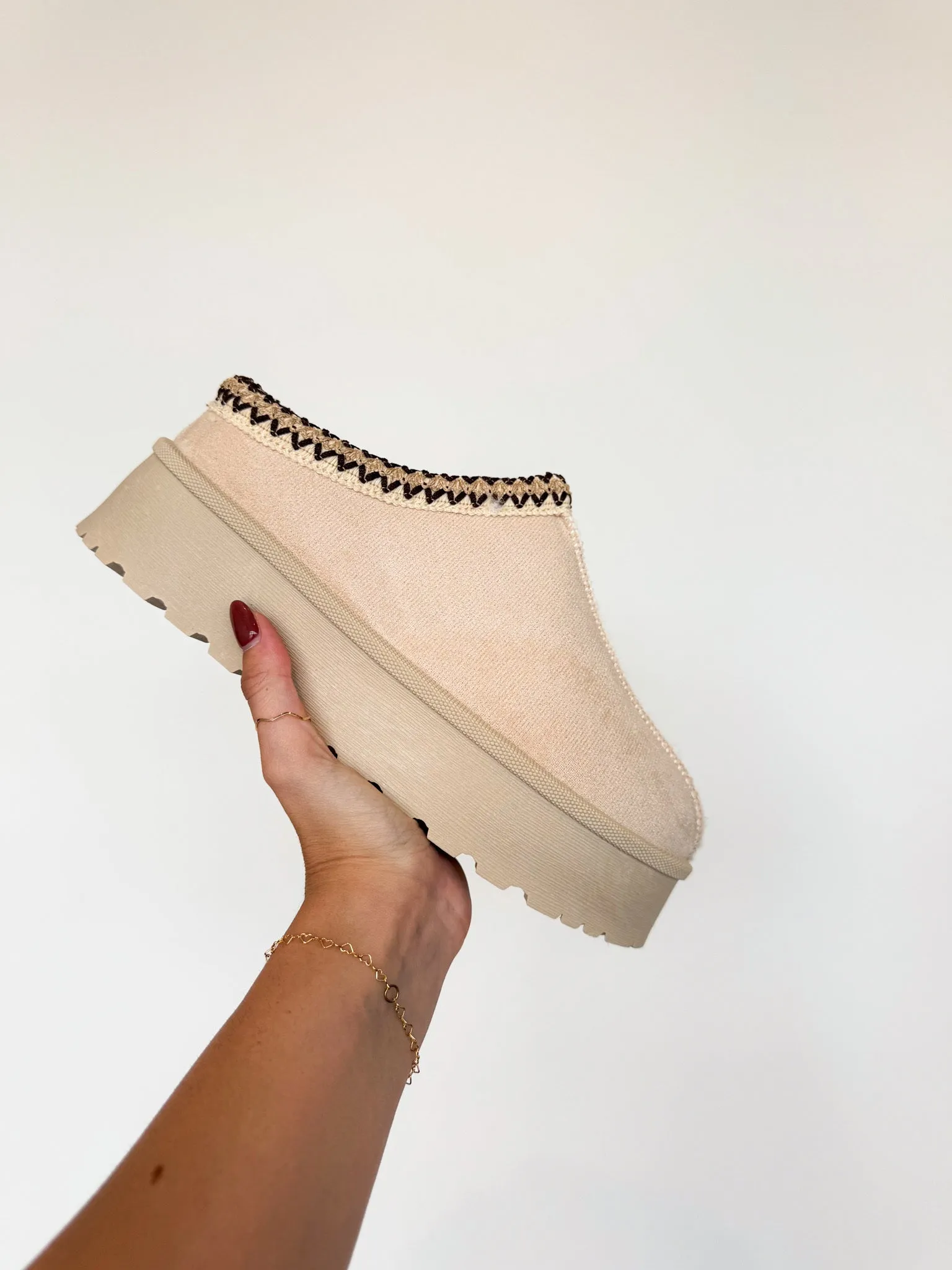 Platform Fur Lined Slides- Beige