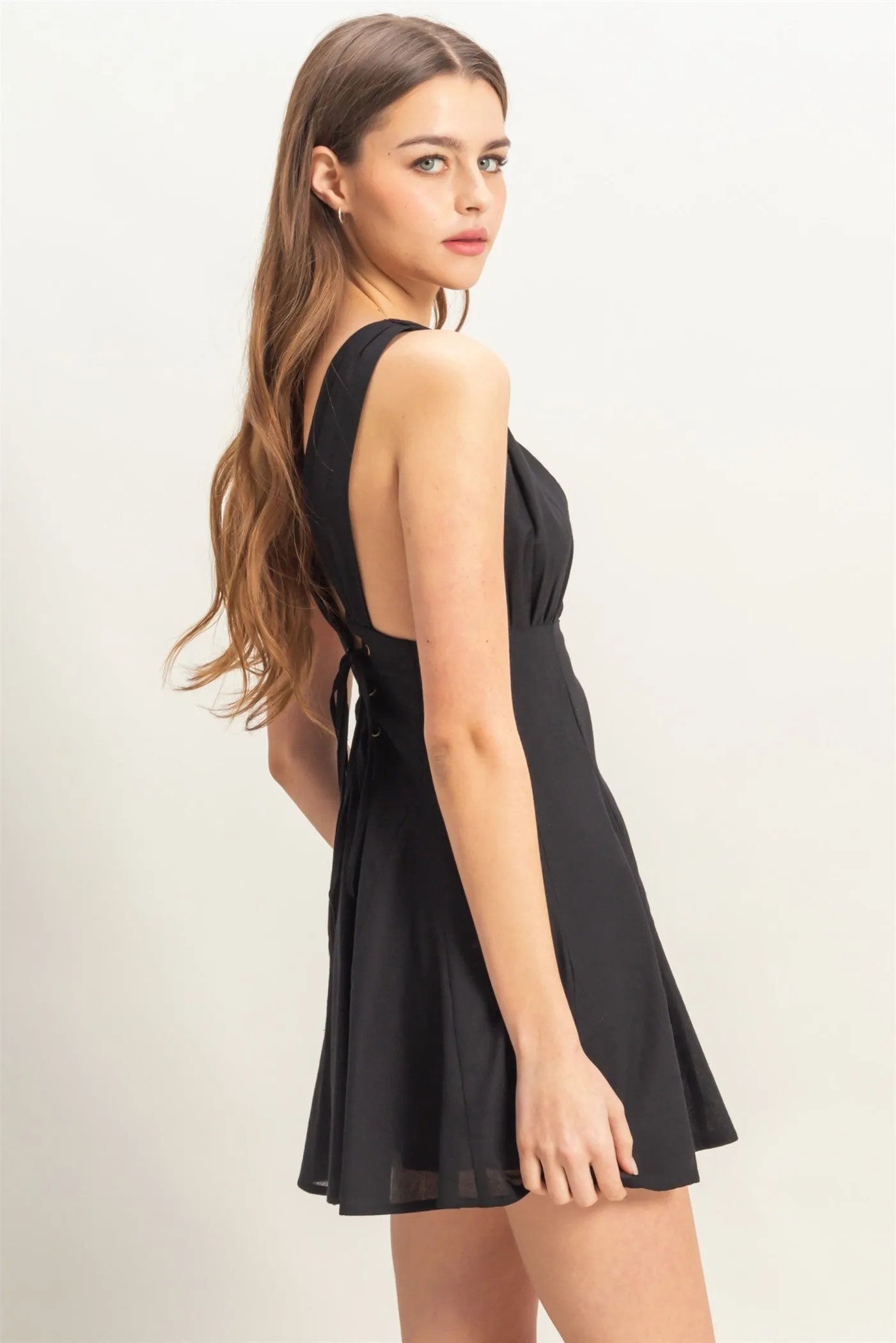Plunging Neck Open Back Mini Dress