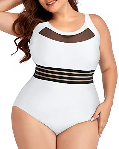 Plus Size High Neck Mesh One Piece Swimwear For Women-White