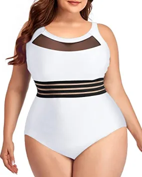 Plus Size High Neck Mesh One Piece Swimwear For Women-White