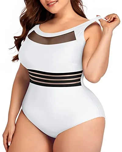 Plus Size High Neck Mesh One Piece Swimwear For Women-White