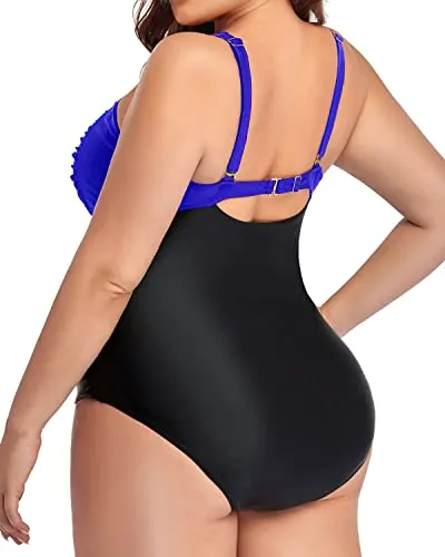 Plus Size One Piece Bathing Suits Tummy Control Ruched Cross Swimsuits-Royal Blue And Black