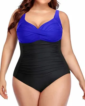 Plus Size One Piece Bathing Suits Tummy Control Ruched Cross Swimsuits-Royal Blue And Black