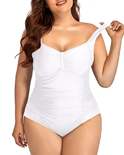Plus Size Ruched Backless Swimsuit For Tropical Vacations-White