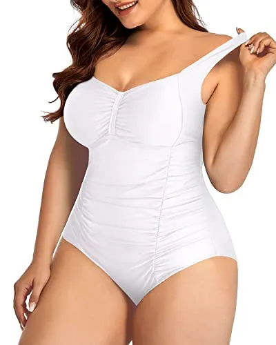 Plus Size Ruched Backless Swimsuit For Tropical Vacations-White