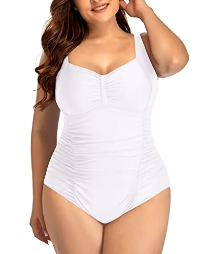 Plus Size Ruched Backless Swimsuit For Tropical Vacations-White