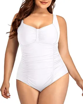 Plus Size Ruched Backless Swimsuit For Tropical Vacations-White