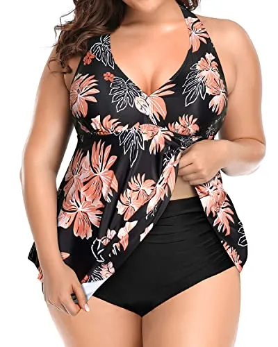 Plus Size Tummy Control Halter Tankini Top With Bottoms-Black Orange Floral