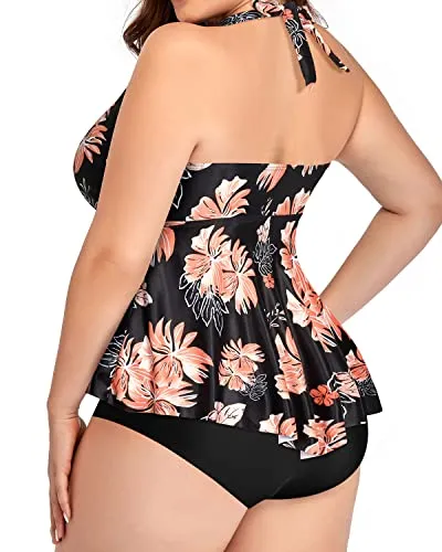Plus Size Tummy Control Halter Tankini Top With Bottoms-Black Orange Floral