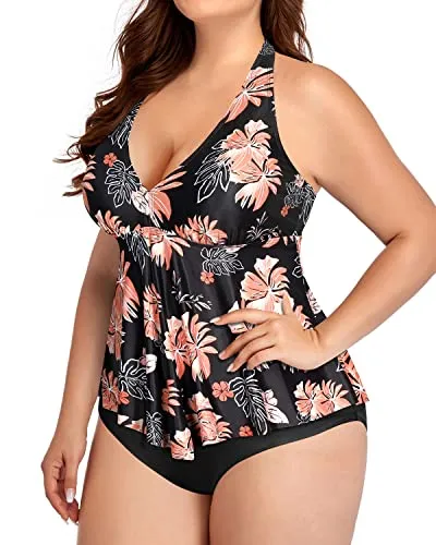 Plus Size Tummy Control Halter Tankini Top With Bottoms-Black Orange Floral