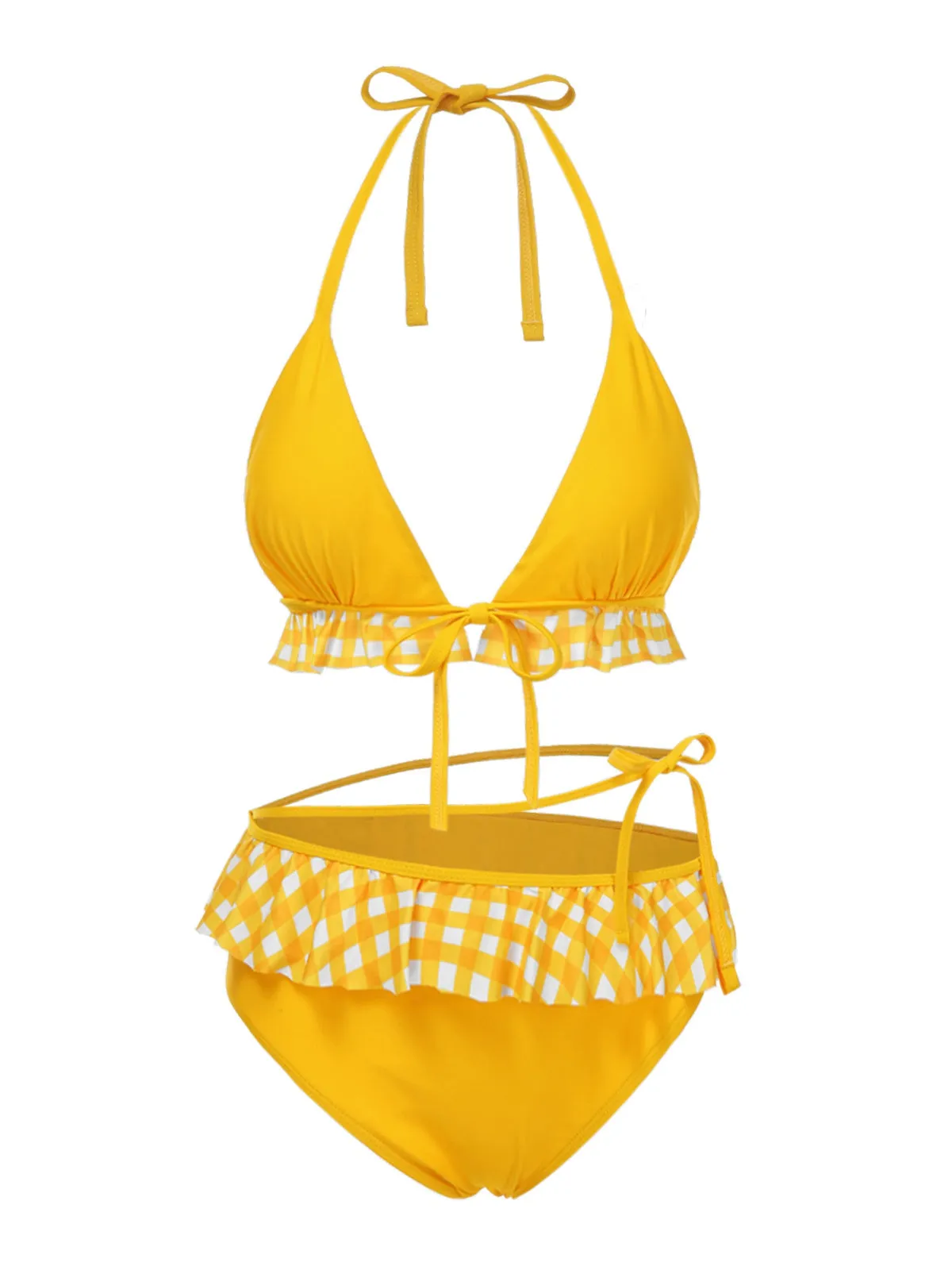 [Pre-Sale] Yellow 1950s Plaid Ruffle Halter Bikini Set