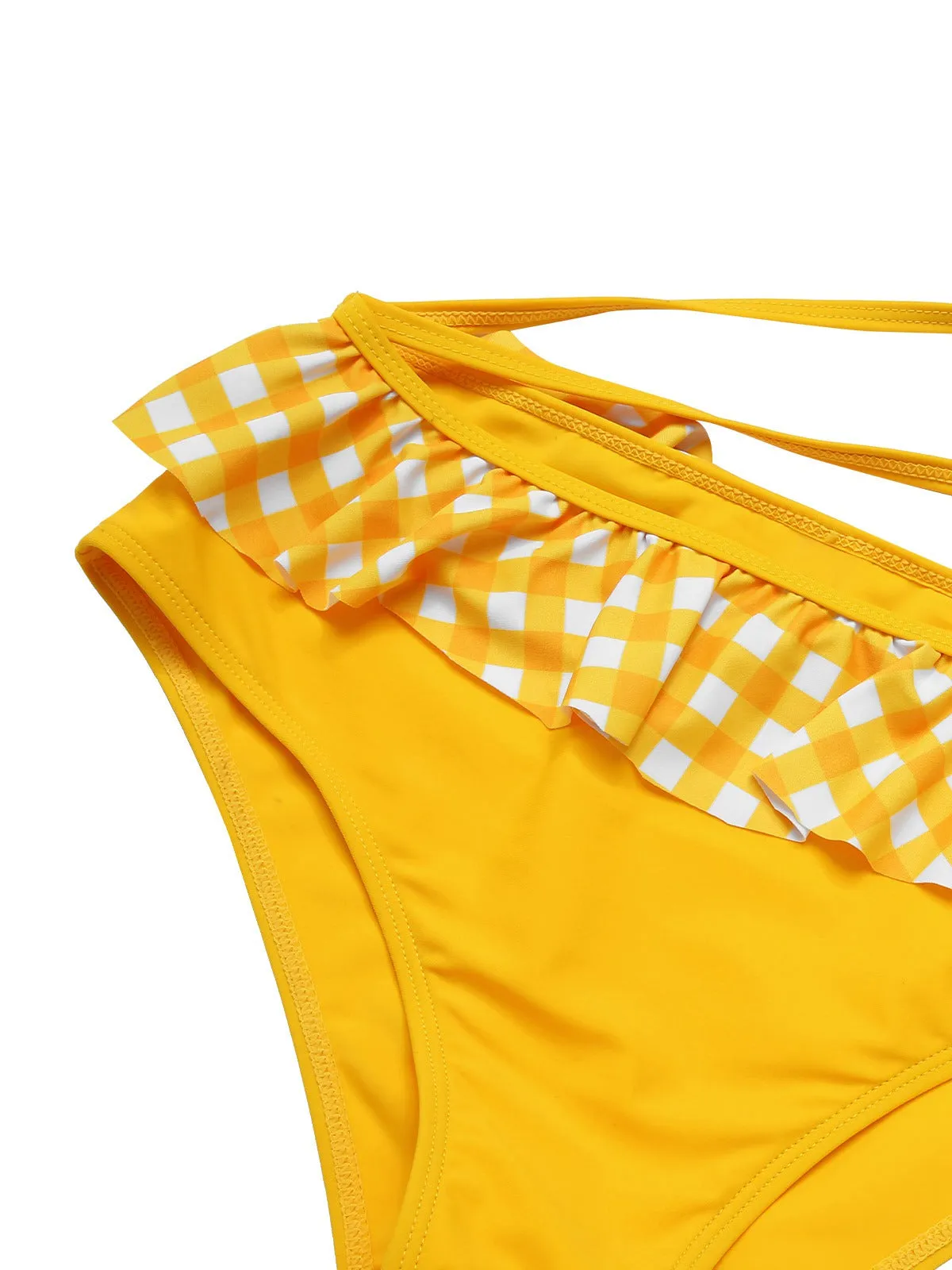 [Pre-Sale] Yellow 1950s Plaid Ruffle Halter Bikini Set