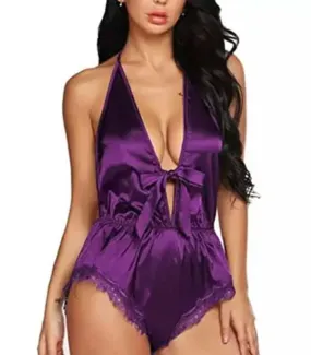 Purple Silk Deep V Halter Back Bodysuit