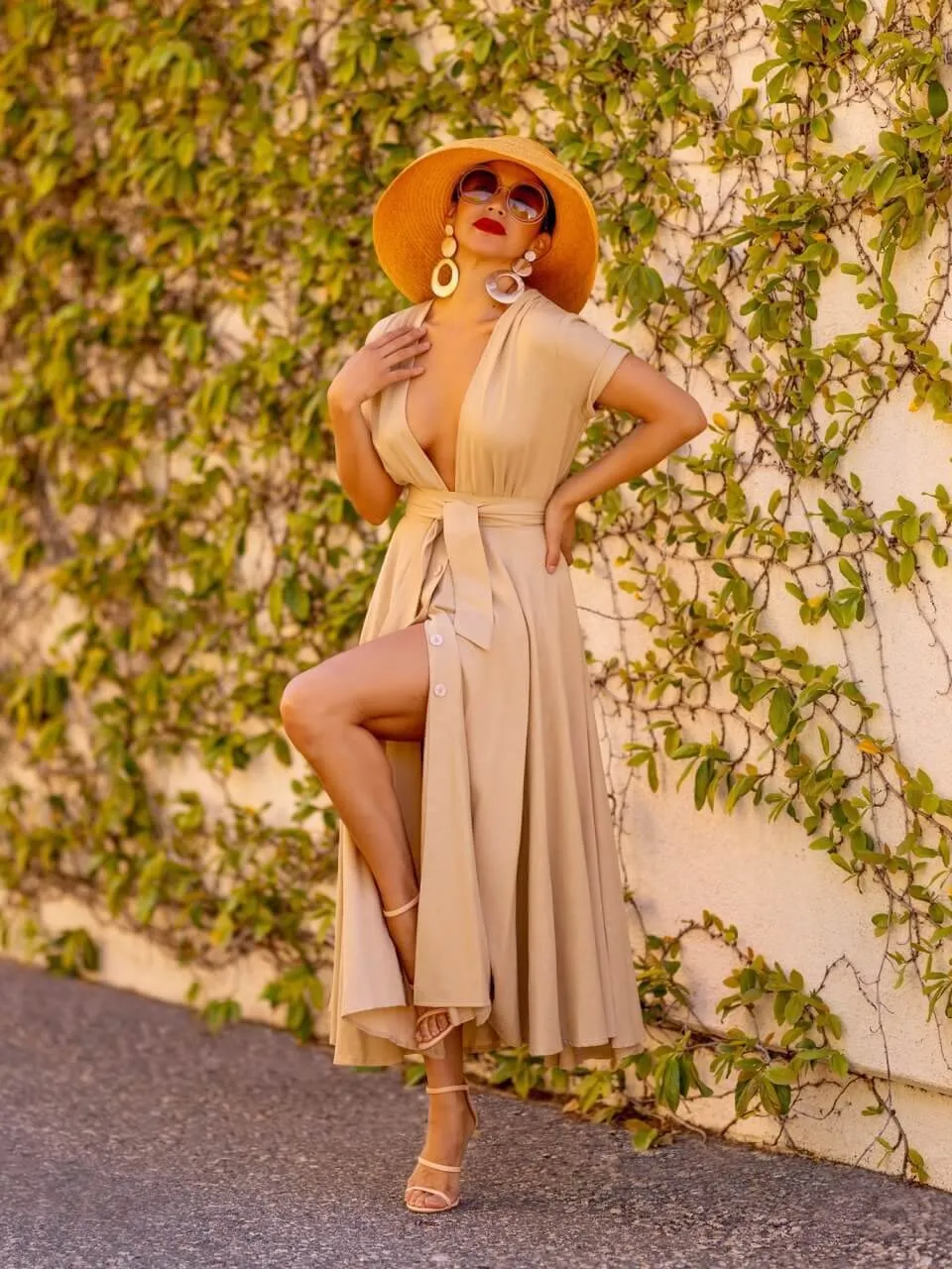 "Cabana" Tan Deep-V Button-Down Dress