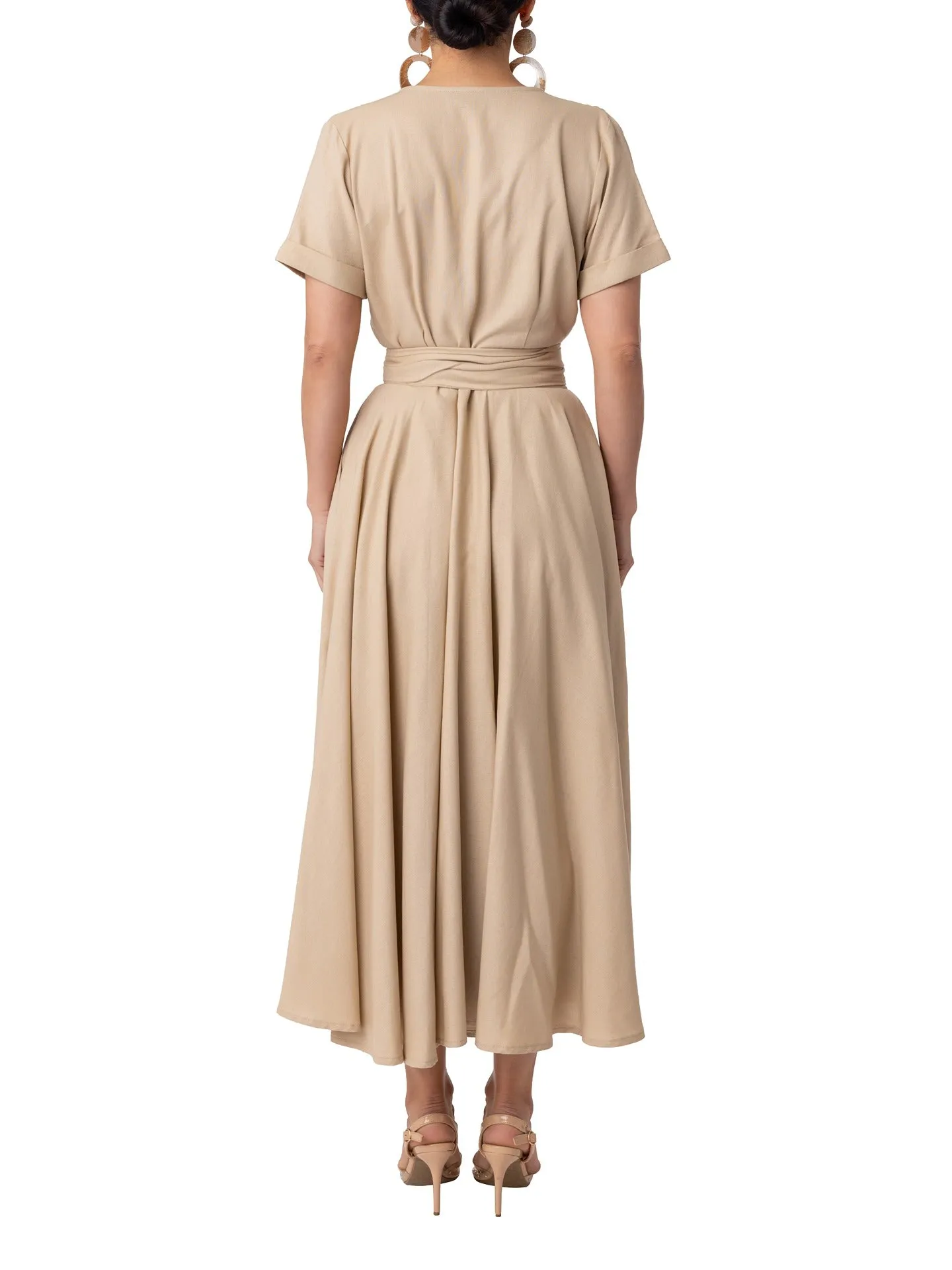"Cabana" Tan Deep-V Button-Down Dress