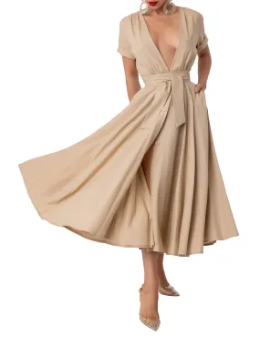 "Cabana" Tan Deep-V Button-Down Dress