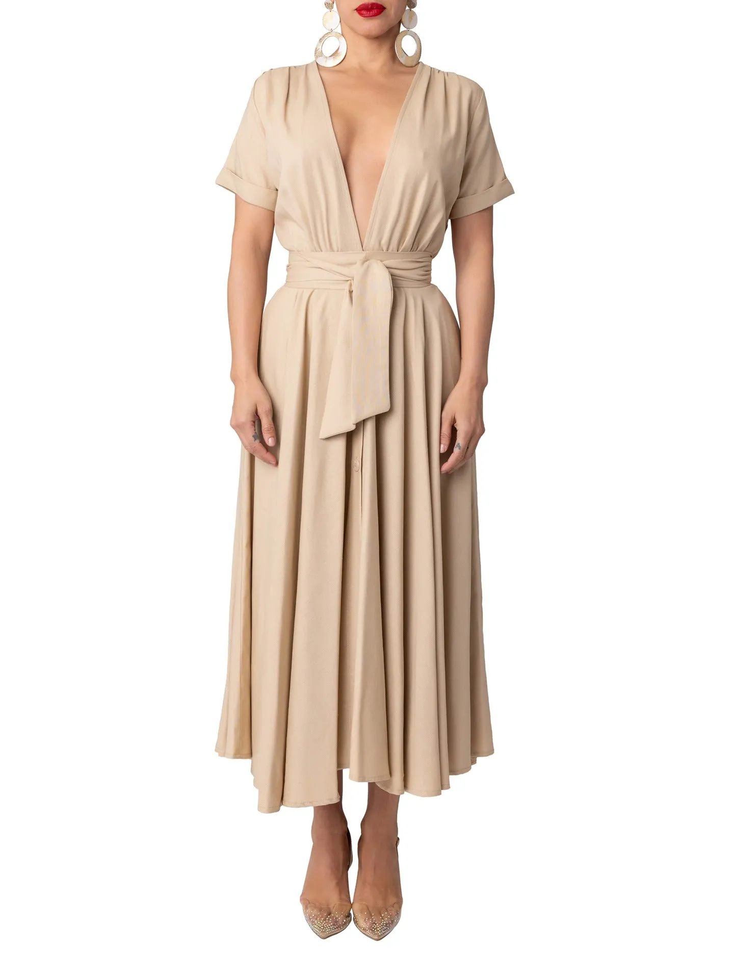 "Cabana" Tan Deep-V Button-Down Dress