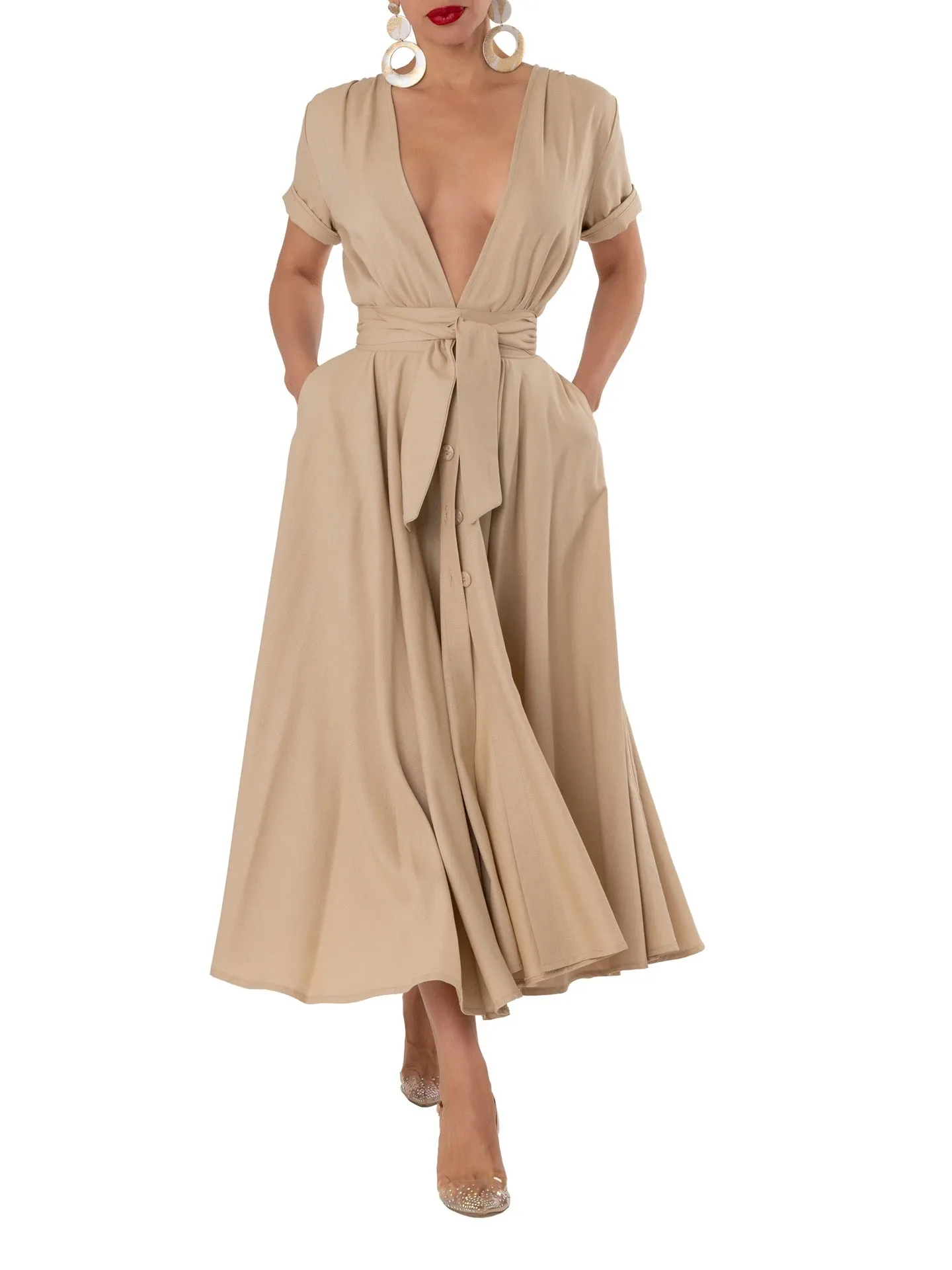 "Cabana" Tan Deep-V Button-Down Dress