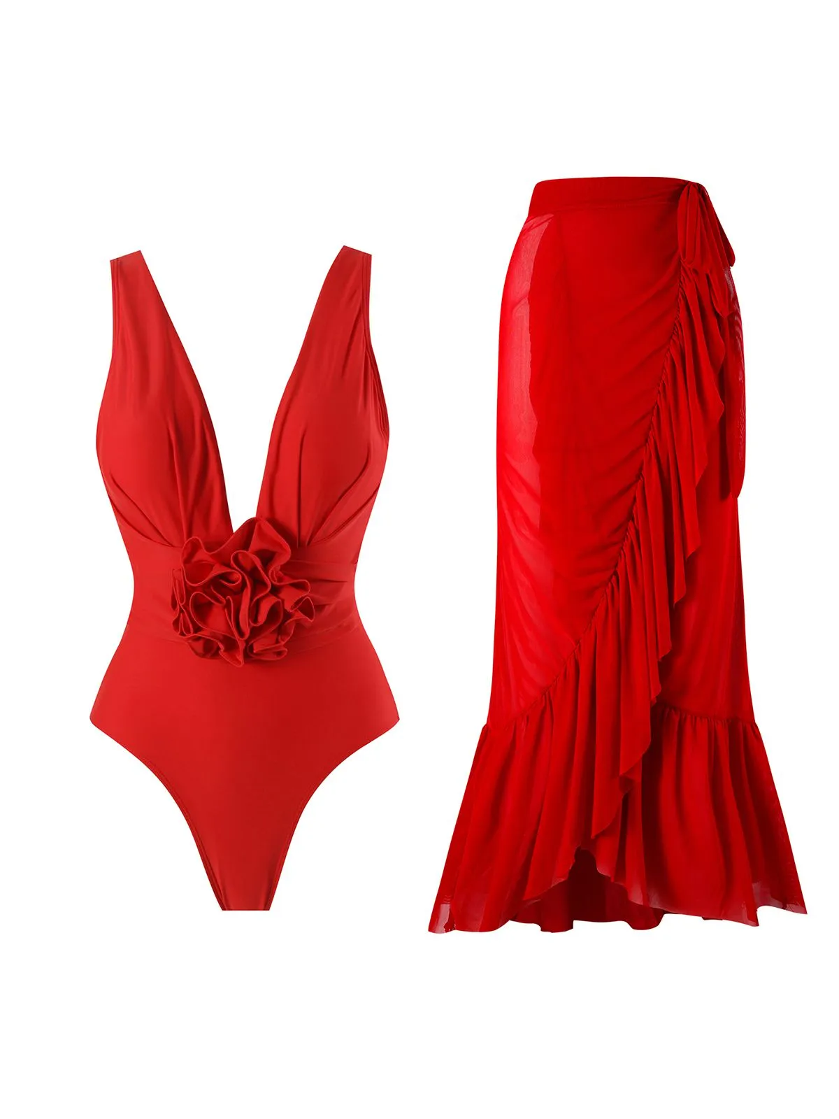 Red 1960s Solid 3D Flower Backless Swimsuit