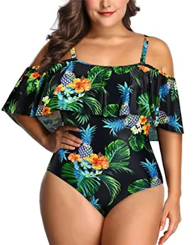 Removable Padded Bra Off Shoulder Plus Size Swimsuit For Women-Black Pineapple