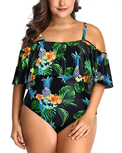 Removable Padded Bra Off Shoulder Plus Size Swimsuit For Women-Black Pineapple