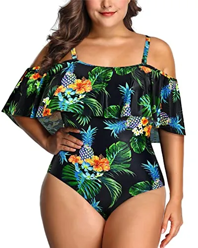 Removable Padded Bra Off Shoulder Plus Size Swimsuit For Women-Black Pineapple