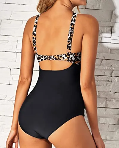 Removable Pads One Piece Tummy Control Bathing Suit-Black And Leopard