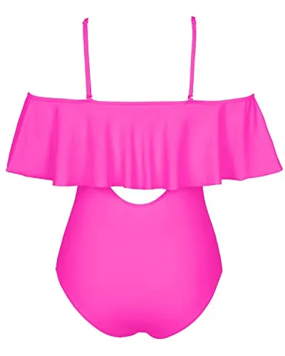 Removable Strap Women Sexy One Piece Swimwear-Neon Pink