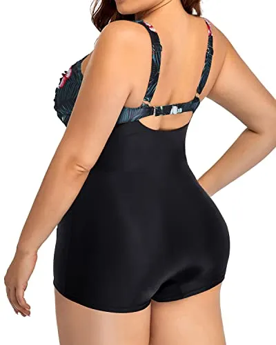 Retro Twist Front Tummy Control Women's Plus Size Swimwear-Black Floral