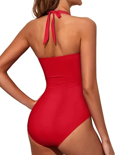 Ruched Pattern Swimsuits Halter Vintage Swimwear-Red