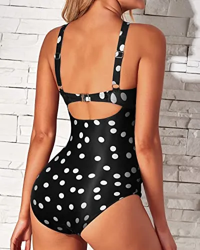 Ruched Waistband Tummy Control Women One Piece Swimsuits-Black And White Dots