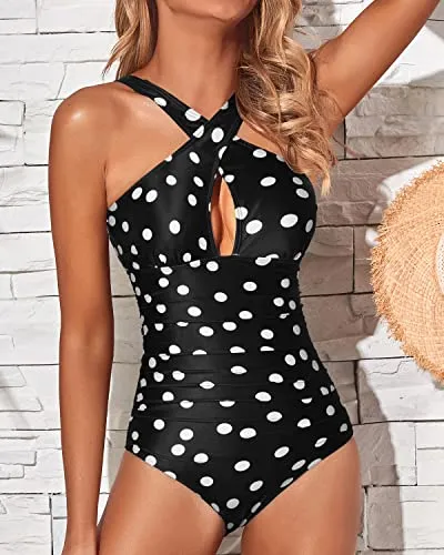 Ruched Waistband Tummy Control Women One Piece Swimsuits-Black And White Dots