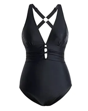 Ruched Women Sexy Lace Up One Piece Swimsuits-Black