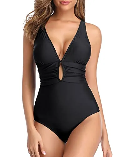 Ruched Women Sexy Lace Up One Piece Swimsuits-Black