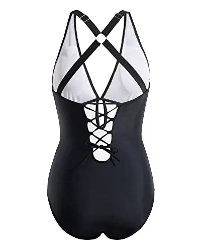 Ruched Women Sexy Lace Up One Piece Swimsuits-Black