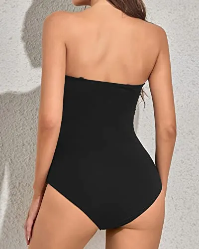 Ruched Women's Strapless One Piece Swimsuit Bandeau Bathing Suits-Black And White Stripe