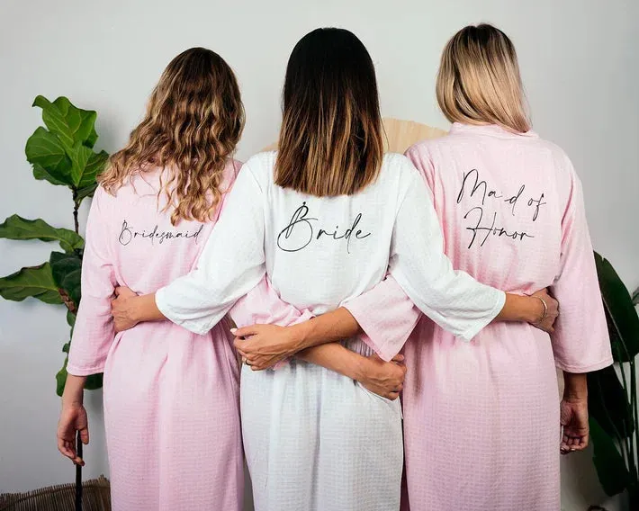 Set of 13 Custom Waffled Knit Wedding Cotton robes for Bachelorette Party - Vinyl Alfresco