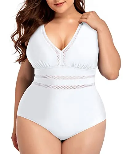 Sexy Backless Plus Size Swimsuit V-Neck For Curvy Women-White