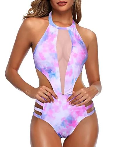 Sexy Mesh Patchwork Monokini High Neck One Piece Swimsuit-Color Tie Dye
