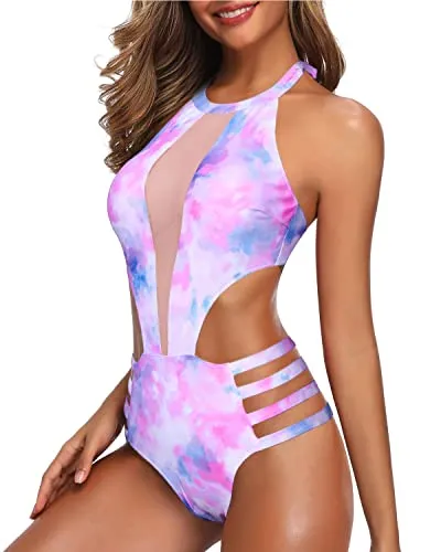 Sexy Mesh Patchwork Monokini High Neck One Piece Swimsuit-Color Tie Dye