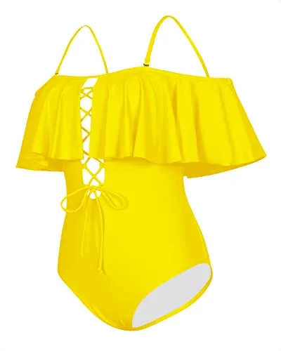 Sexy Removable Strap Lace-Up One Piece Bathing Suit-Neon Yellow