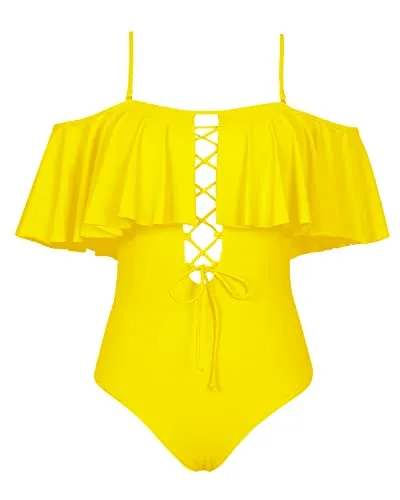 Sexy Removable Strap Lace-Up One Piece Bathing Suit-Neon Yellow