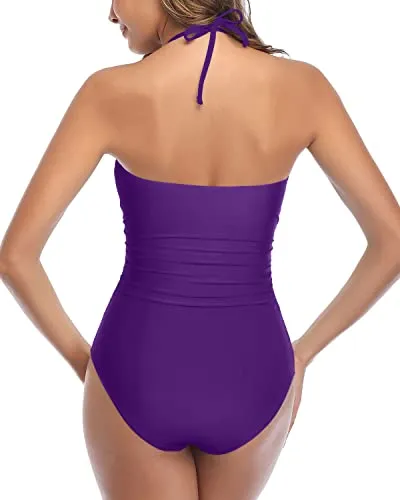 Sexy Tie Up Closure Halter Backless One Piece Swimsuits-Purple