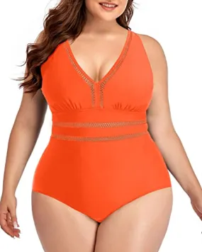 Sexy V Neck Backless One Piece Swimsuits For Women Plus Size-Neon Orange