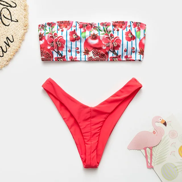 Simple Tropical Push up leaves Bandeau bikinis