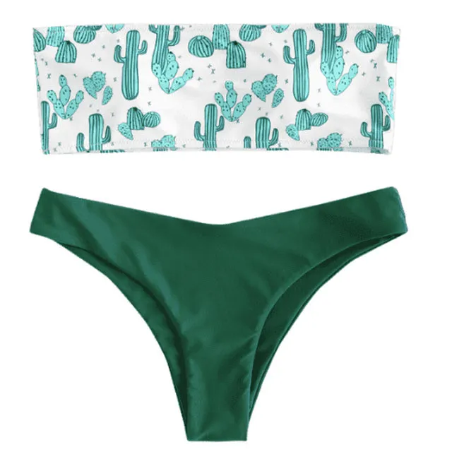 Simple Tropical Push up leaves Bandeau bikinis