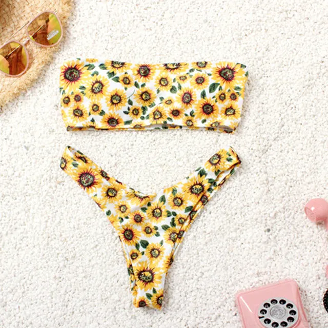 Simple Tropical Push up leaves Bandeau bikinis